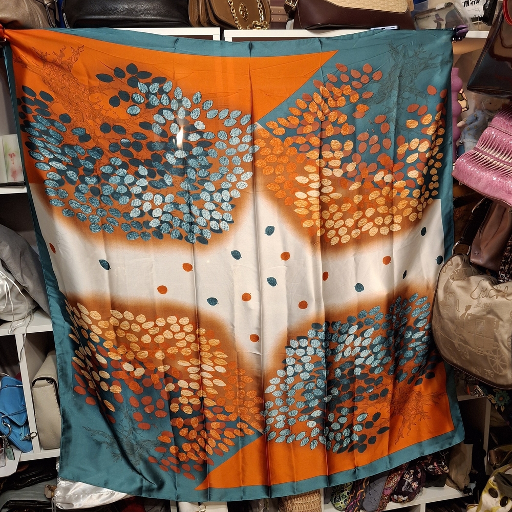 Vibrant Orange and Teal Patterned Silky Feeling Poly Scarf 42"